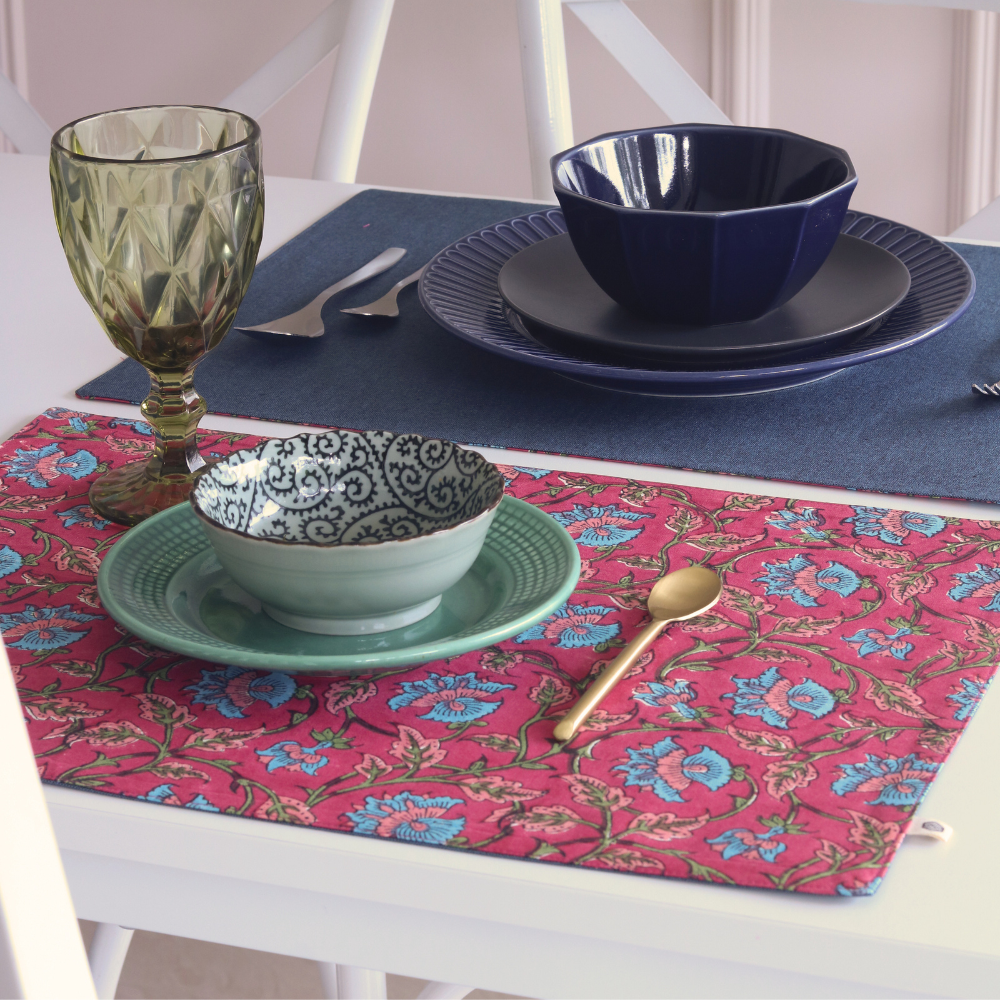 Royal Fuschia & Woven Aegean Blue Placemats Rectangle (12" x 17") Aegean Blue