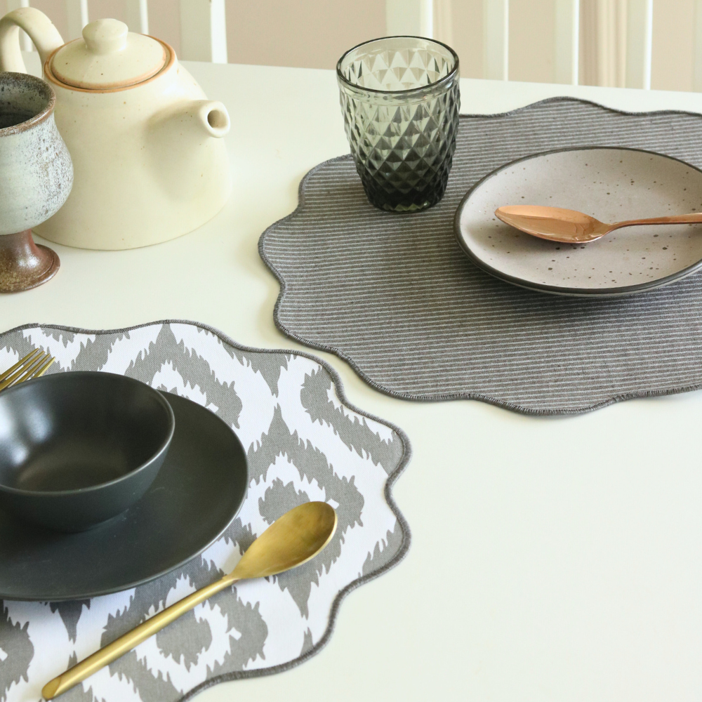 Ikat Grey & Dark Slate Placemats Gray Round Scalloped