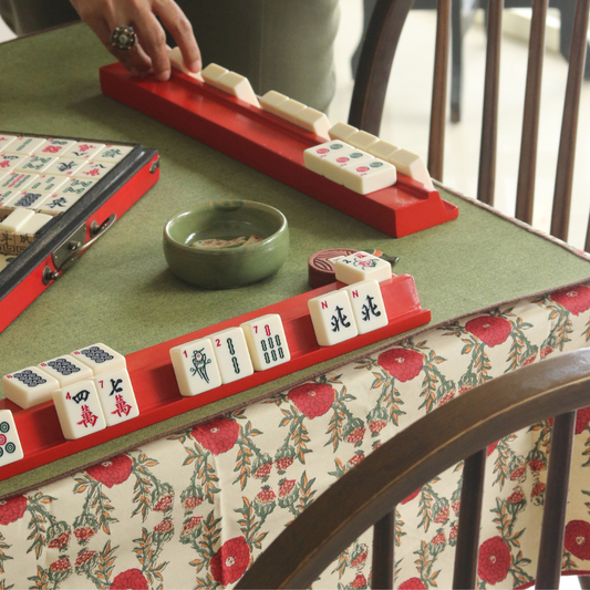 Field of Poppies Mahjong Tablecloth + Serene Sunset & Moss Green Chambray Mahjong Mat