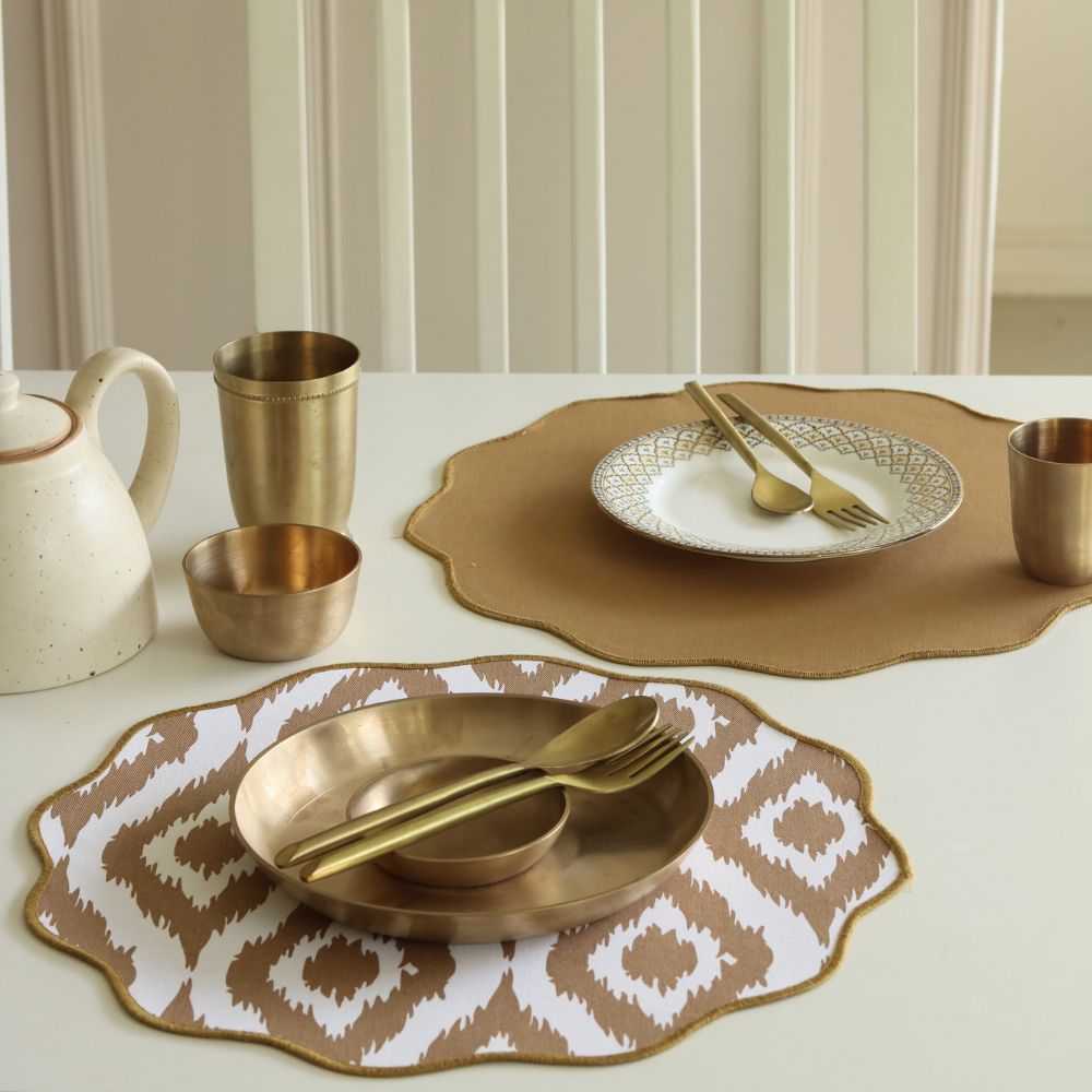 Beige Ikat & Tan Placemats Round Scalloped (15") Beige