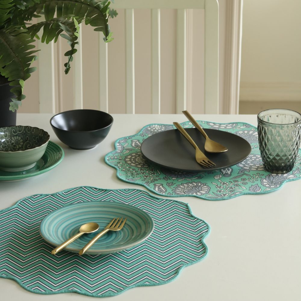 Tranquil Teal & Chevron Placemats Round Scalloped (15") Teal