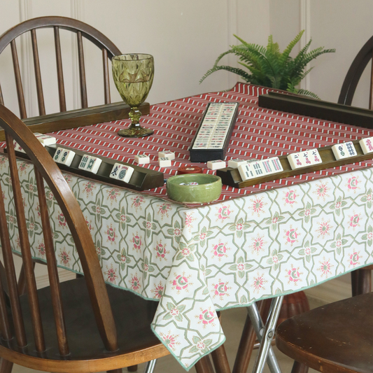 Persian Garden Mahjong Tablecloth + Forest Pine & Red Chevron Mahjong Mat