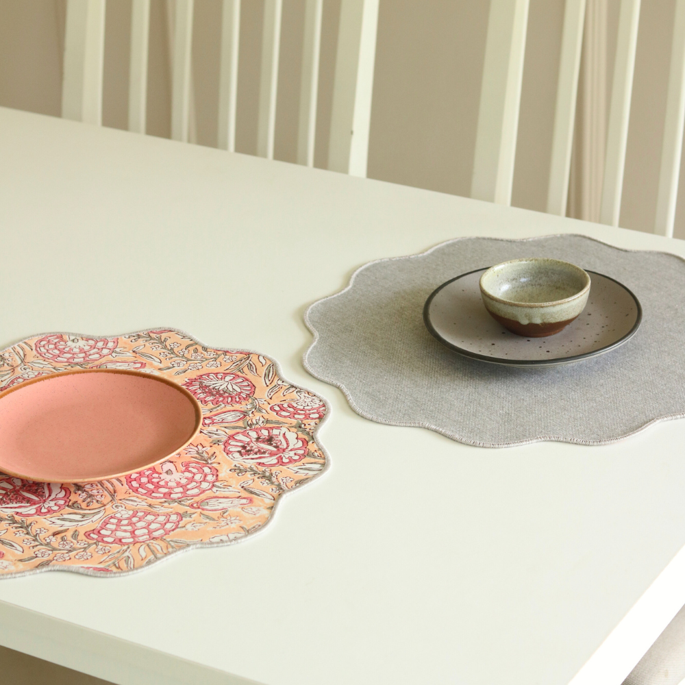 Blushing Meadows & Woven Grey Placemats Round Scalloped Gray