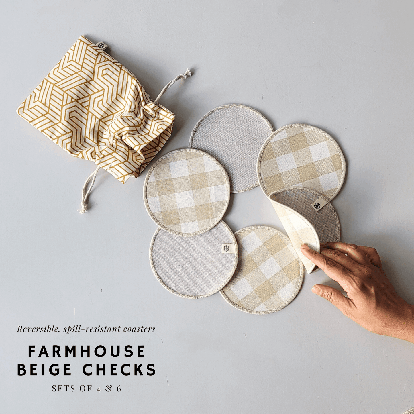 Cotton Coasters - Beige Checks Set of 6 Beige Checks
