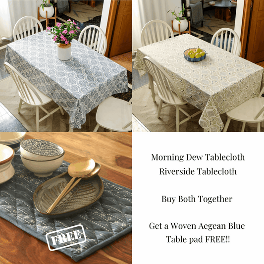 Morning Dew Tablecloth + Riverside Tablecloth Combo Blue Grey & Blue Green