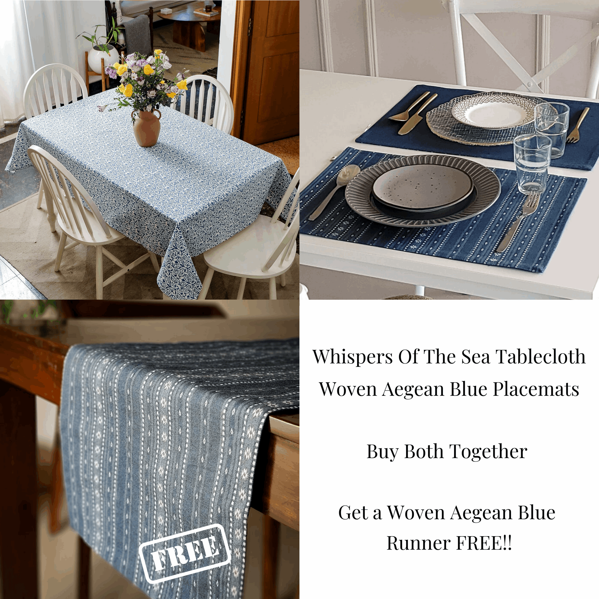 Whispers of the Sea Tablecloth + Woven Aegean Blue Placemats Combo Blue & Aegean Blue