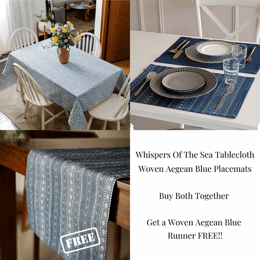 Whispers of the Sea Tablecloth + Woven Aegean Blue Placemats Combo Blue & Aegean Blue
