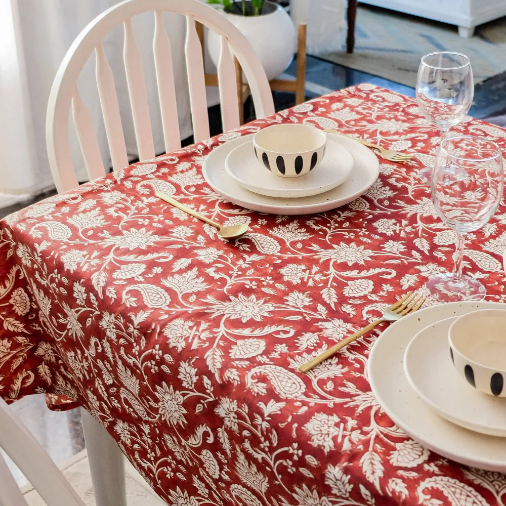 All Over Red Tablecloth by The Yard House, bold red color, available in rectangle (48”x72”), square (60”x60”), and round (...