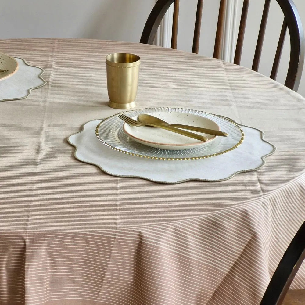 Cinnamon Cream Tablecloth by The Yard House in beige and brown, available in 60” square, round, or 48”x72” rectangle, perf...