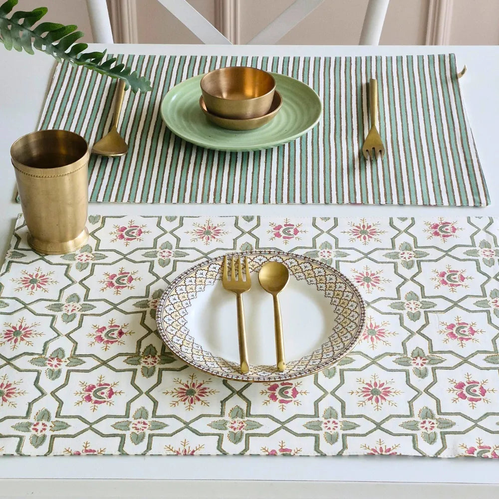 Set of 4 Persian Garden Placemats by The Yard House in pink and green, featuring geometric patterns and traditional Indian...