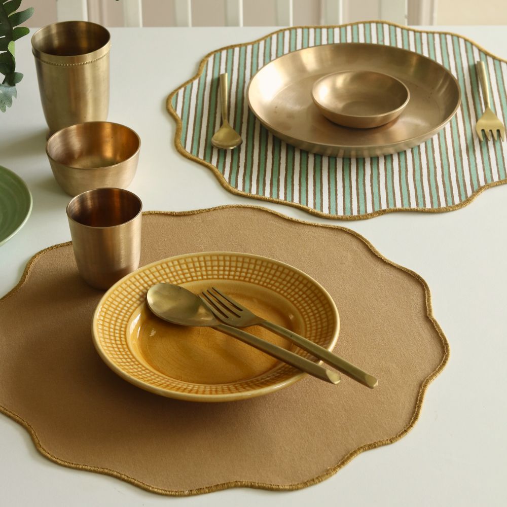 Sage Mirage & Tan Placemats Round Scalloped (15") Green & Tan