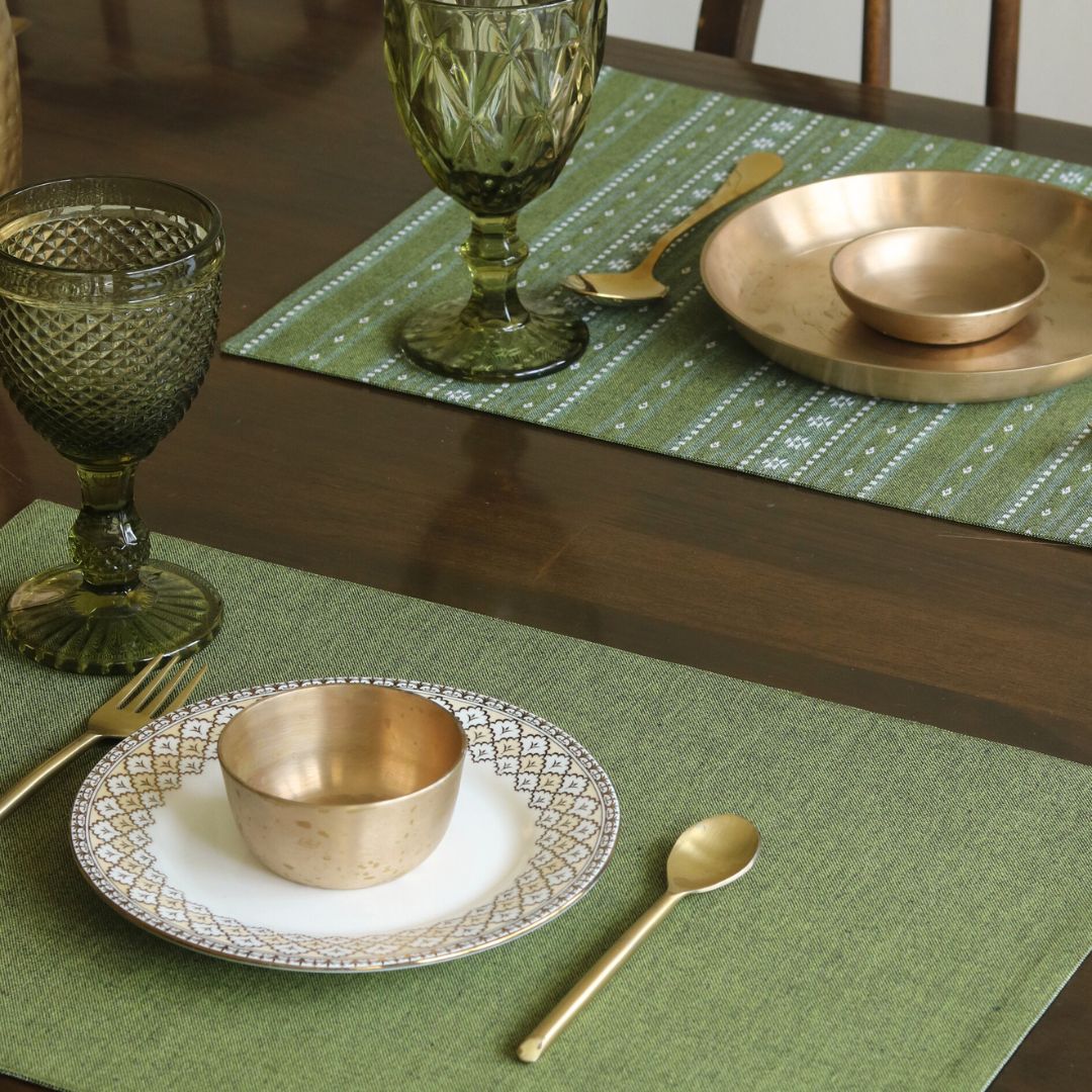 Backup - Woven Moss Green Placemats by The Yard House, set of 4, 12" x 17", featuring traditional Indian motifs and geometric patte...