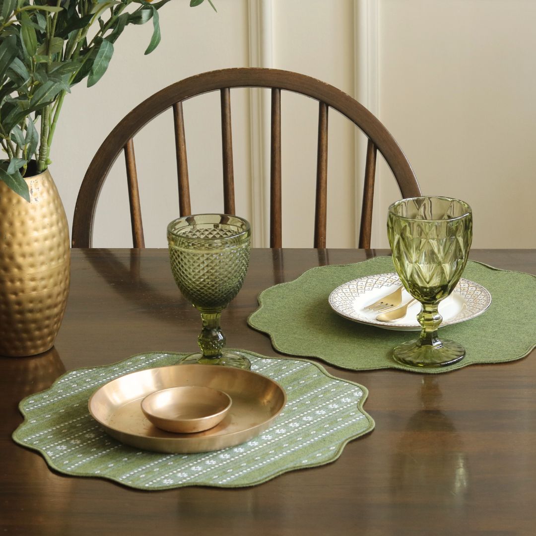Backup - Woven Moss Green Placemats by The Yard House, set of 4, 12" x 17", featuring traditional Indian motifs and geometric patte...