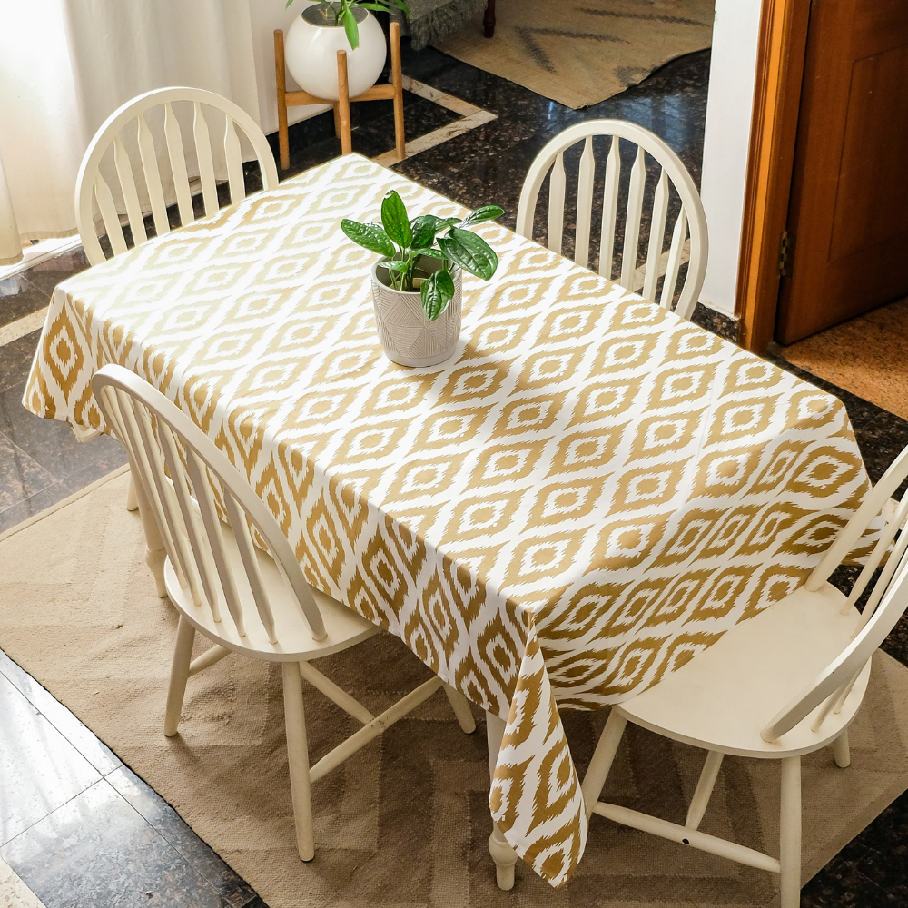 Ikat Inspired Beige Tablecloth 12 Seater Rectangle (60”X144”) Ikat Beige