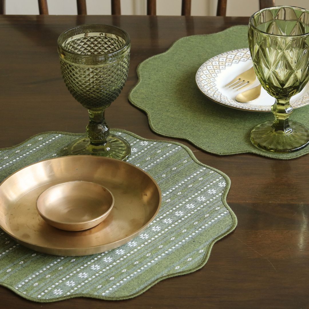 Backup - Woven Moss Green Placemats by The Yard House, set of 4, 12" x 17", featuring traditional Indian motifs and geometric patte...