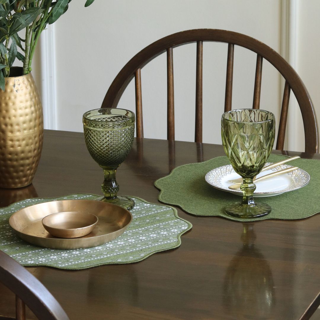 Backup - Woven Moss Green Placemats by The Yard House, set of 4, 12" x 17", featuring traditional Indian motifs and geometric patte...