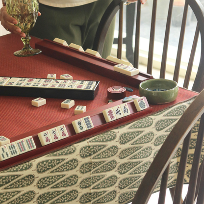 Frosted Cypress Mahjong Tablecloth + Serene Sunset & Moss Green Chambray Mahjong Mat