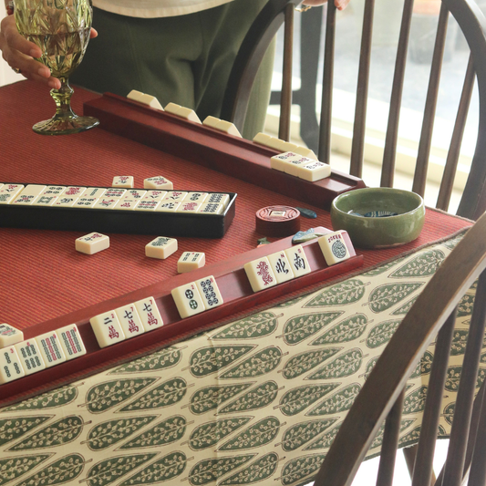 Frosted Cypress Mahjong Tablecloth + Serene Sunset & Moss Green Chambray Mahjong Mat