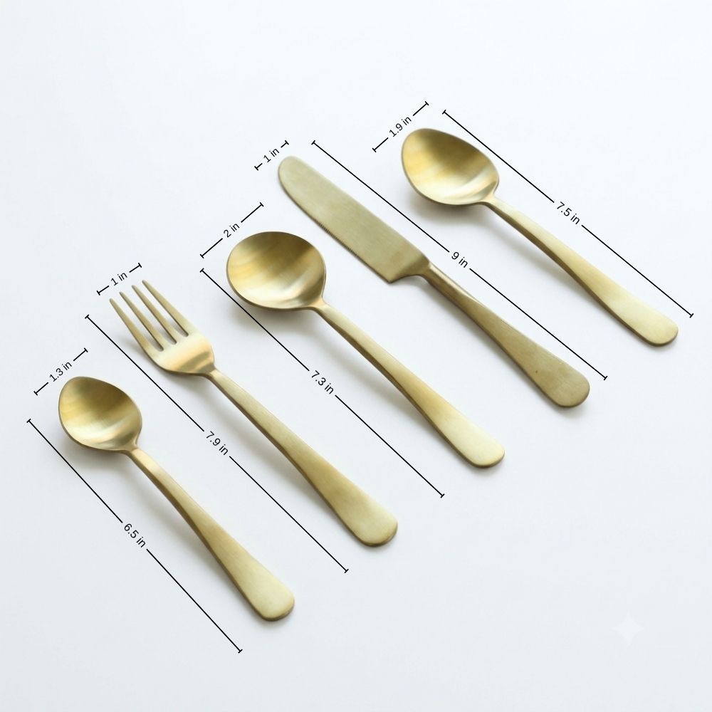 Five-piece matte gold cutlery set with utensil dimensions