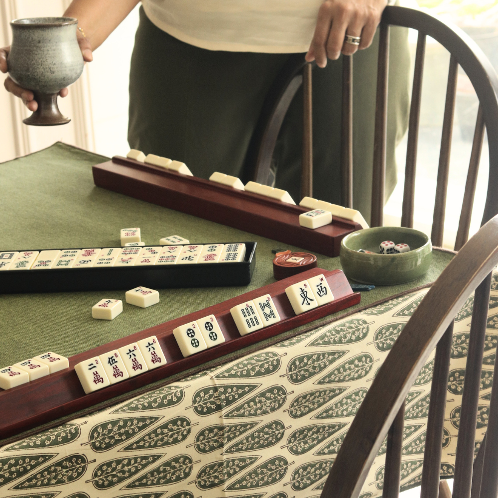 Frosted Cypress Mahjong Tablecloth + Serene Sunset & Moss Green Chambray Mahjong Mat