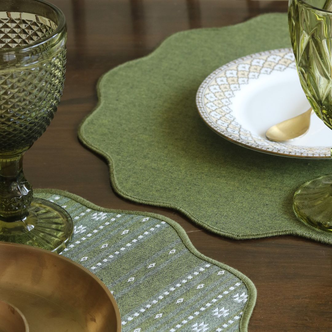 Backup - Woven Moss Green Placemats by The Yard House, set of 4, 12" x 17", featuring traditional Indian motifs and geometric patte...