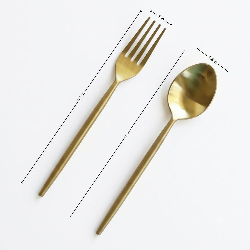 Matte gold dinner spoon and fork with length and head measurements shown
