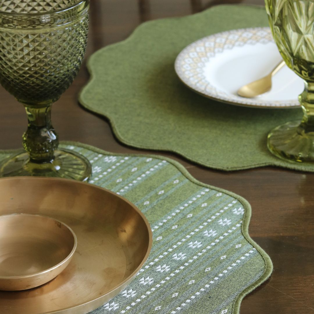 Backup - Woven Moss Green Placemats by The Yard House, set of 4, 12" x 17", featuring traditional Indian motifs and geometric patte...