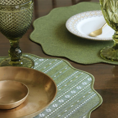 Backup - Woven Moss Green Placemats by The Yard House, set of 4, 12" x 17", featuring traditional Indian motifs and geometric patte...