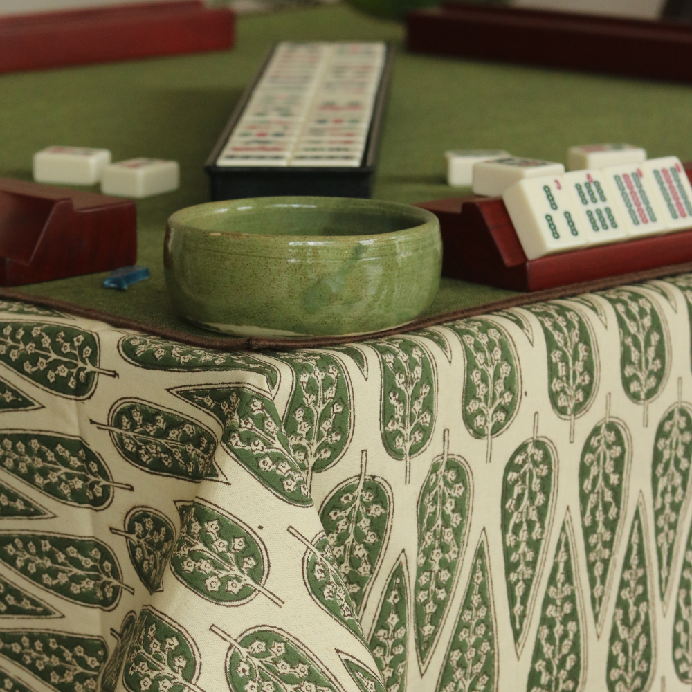 Frosted Cypress Mahjong Tablecloth + Serene Sunset & Moss Green Chambray Mahjong Mat