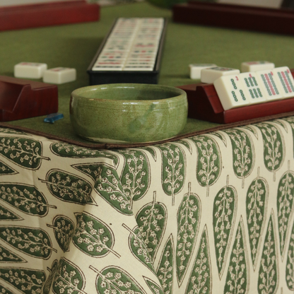 Frosted Cypress Mahjong Tablecloth + Serene Sunset & Moss Green Chambray Mahjong Mat