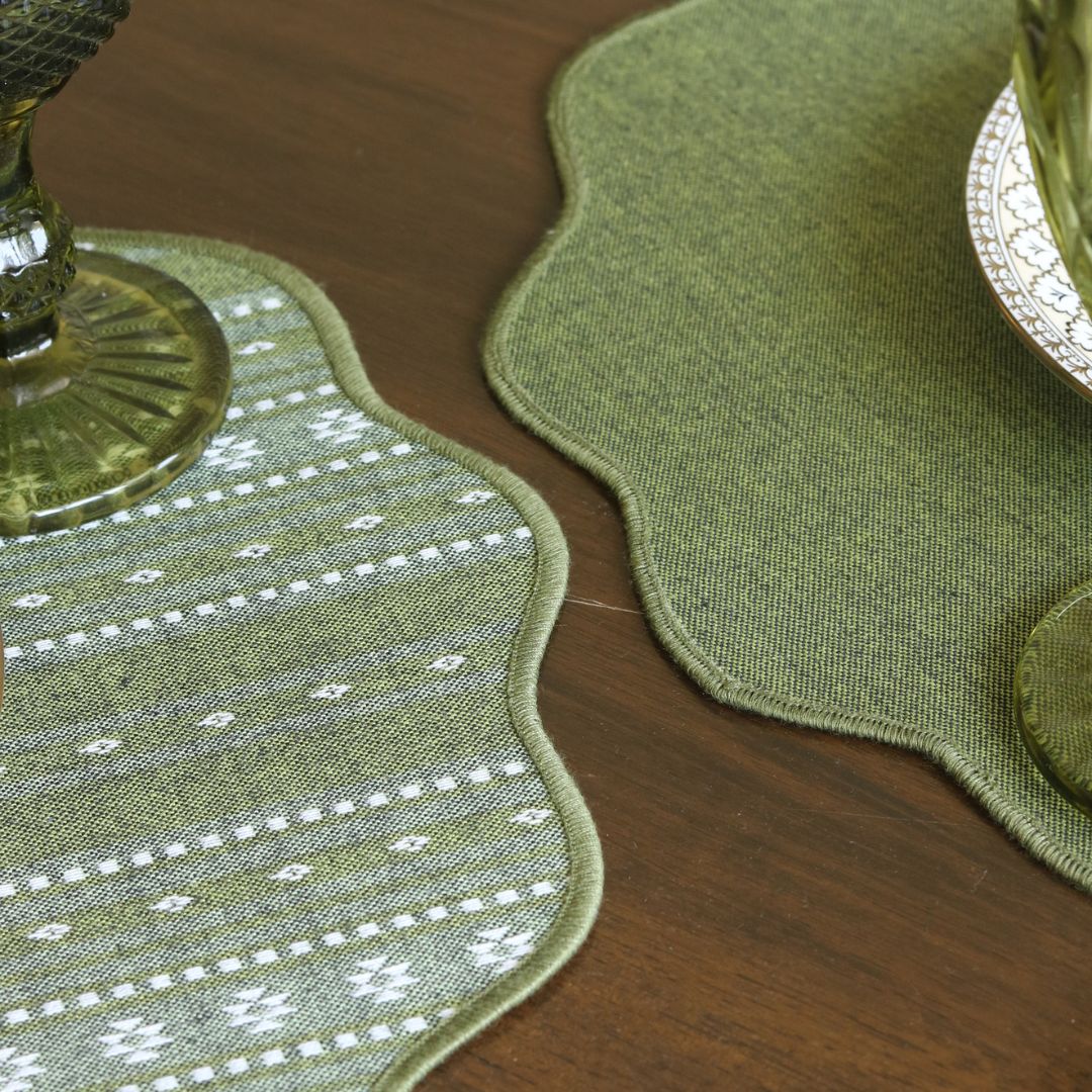 Backup - Woven Moss Green Placemats by The Yard House, set of 4, 12" x 17", featuring traditional Indian motifs and geometric patte...
