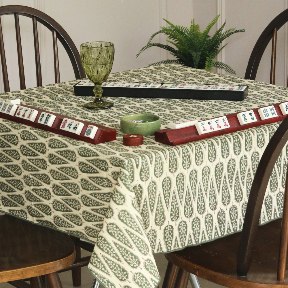 Frosted Cypress Mahjong Tablecloth + Serene Sunset & Moss Green Chambray Mahjong Mat