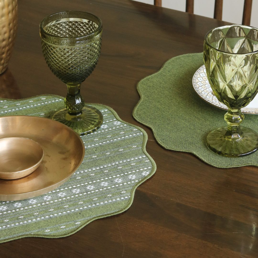 Backup - Woven Moss Green Placemats by The Yard House, set of 4, 12" x 17", featuring traditional Indian motifs and geometric patte...
