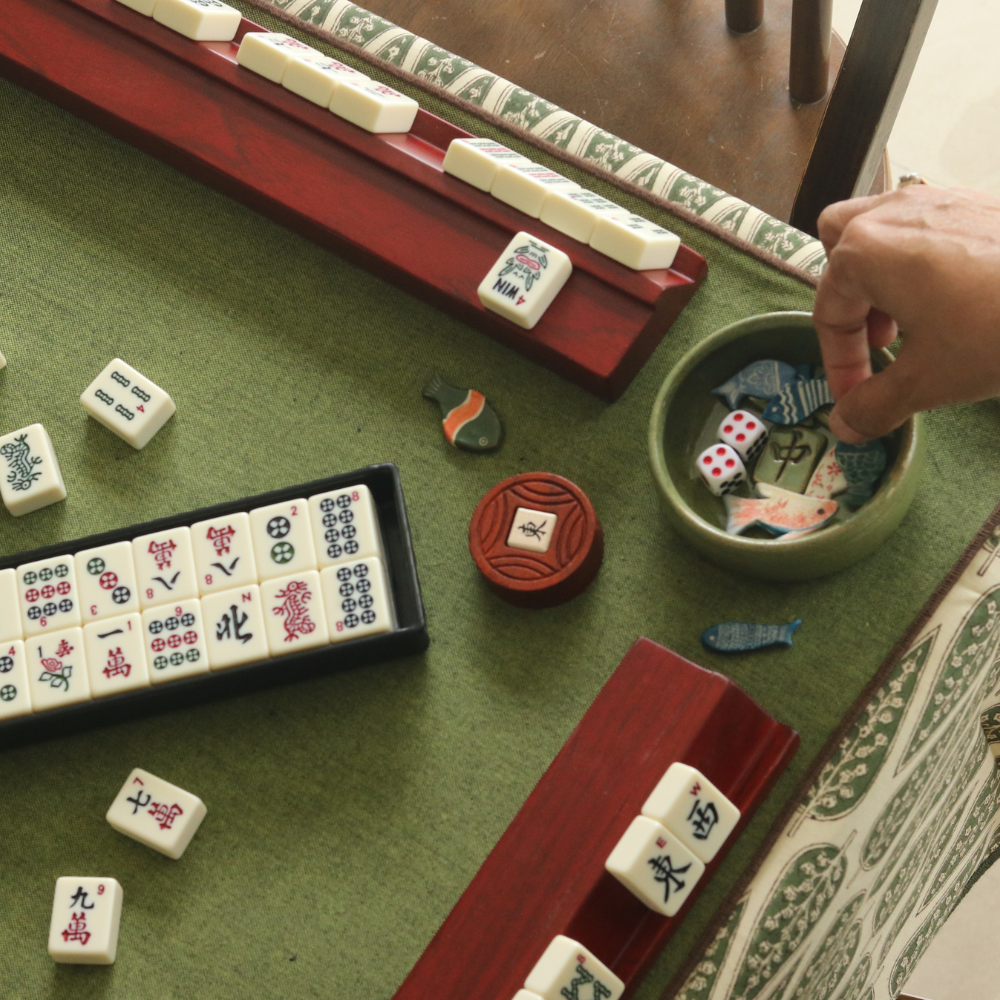 Frosted Cypress Mahjong Tablecloth + Serene Sunset & Moss Green Chambray Mahjong Mat