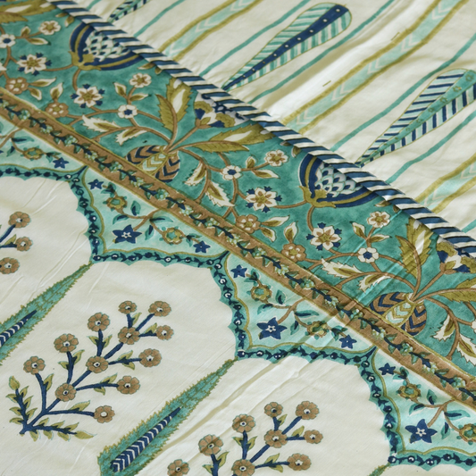 Blue and teal floral medallion dohar quilt with striped border and vines