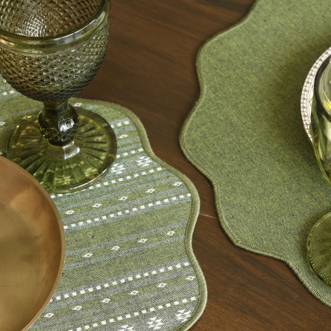 Backup - Woven Moss Green Placemats by The Yard House, set of 4, 12" x 17", featuring traditional Indian motifs and geometric patte...