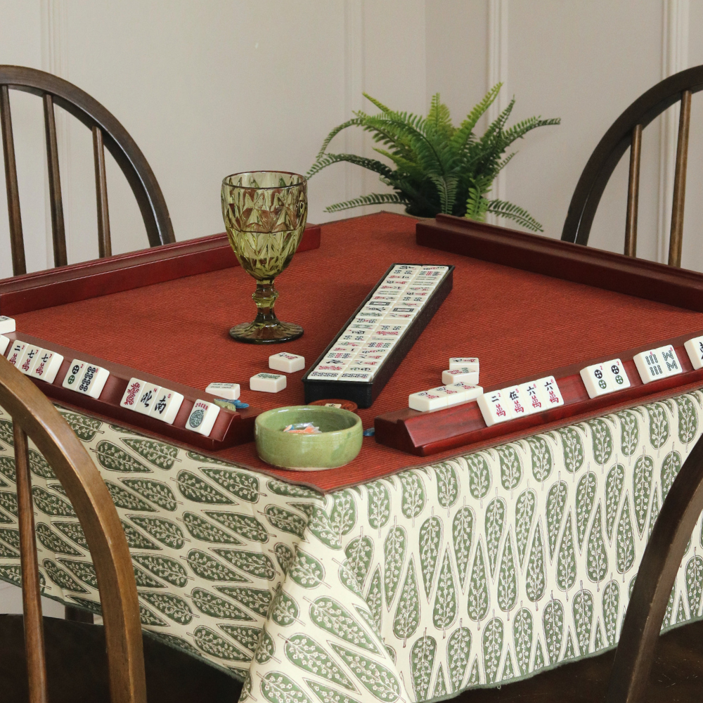 Frosted Cypress Mahjong Tablecloth + Serene Sunset & Moss Green Chambray Mahjong Mat