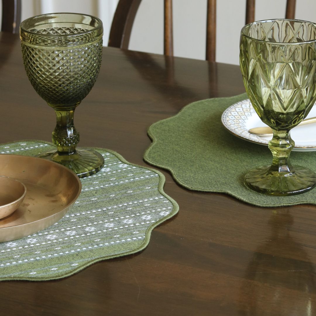 Backup - Woven Moss Green Placemats by The Yard House, set of 4, 12" x 17", featuring traditional Indian motifs and geometric patte...