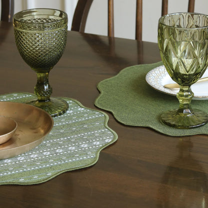 Backup - Woven Moss Green Placemats by The Yard House, set of 4, 12" x 17", featuring traditional Indian motifs and geometric patte...
