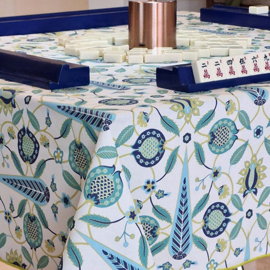 Square mahjong tablecloth with white base, blue and green leaf and floral pattern