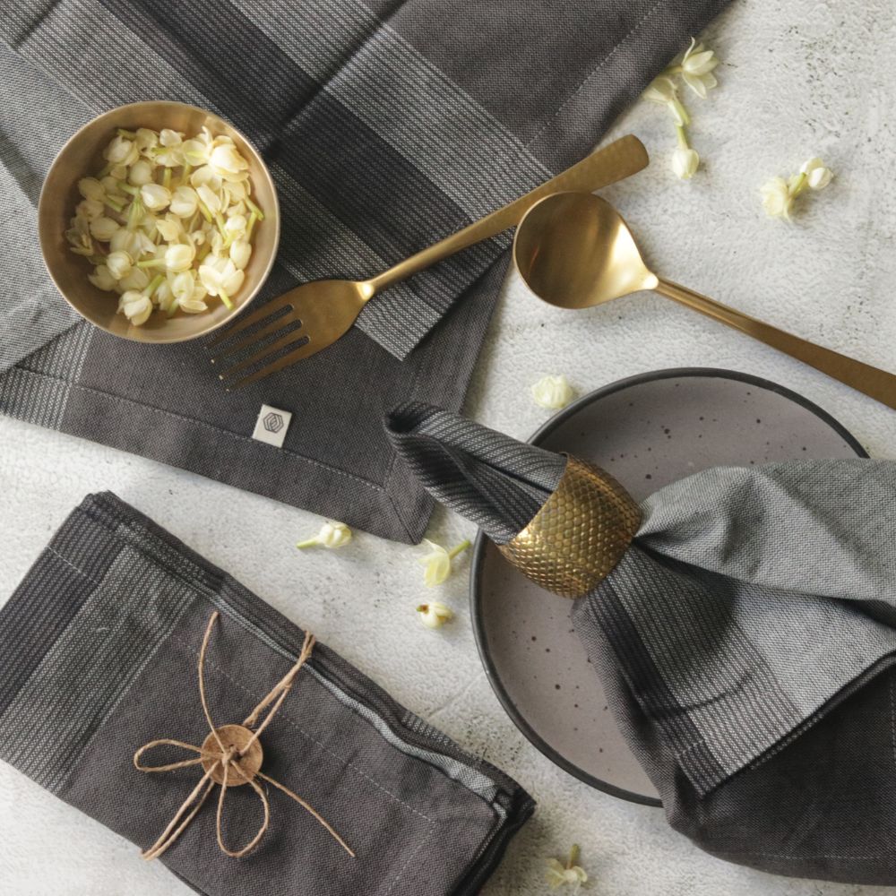 Gray cotton table napkin set, plaid weave with folded corners and neat stitching