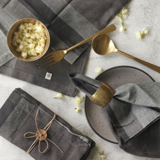Gray cotton table napkin set, plaid weave with folded corners and neat stitching