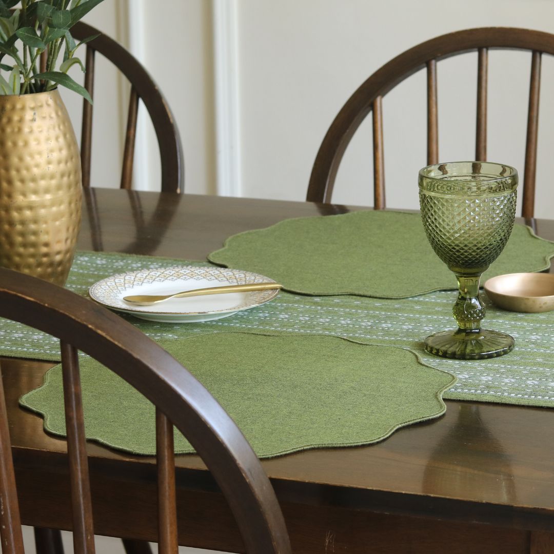 Backup - Woven Moss Green Placemats by The Yard House, set of 4, 12" x 17", featuring traditional Indian motifs and geometric patte...