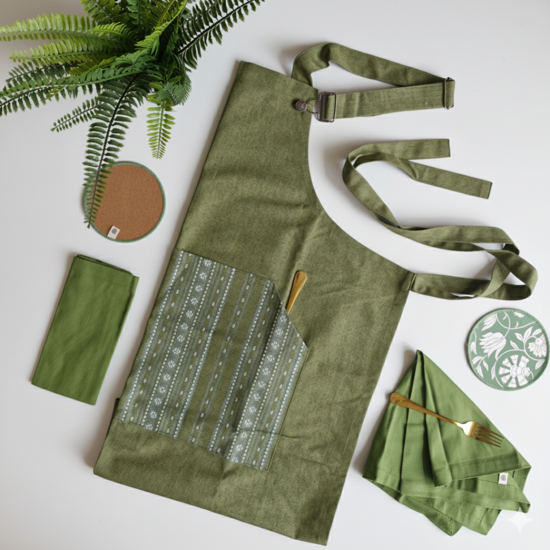 Spill-Resistant, 3-pocket, Cotton Apron - Moss Green Green
