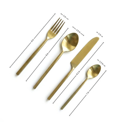 Matte gold cutlery set with measurements: knife 9.1 in, fork and tablespoon 8 in, teaspoon 7 in