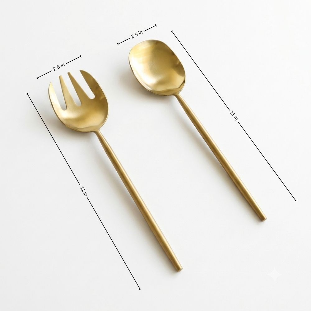 Matte gold salad servers with spoon and fork heads, shown with 11-inch length dimensions