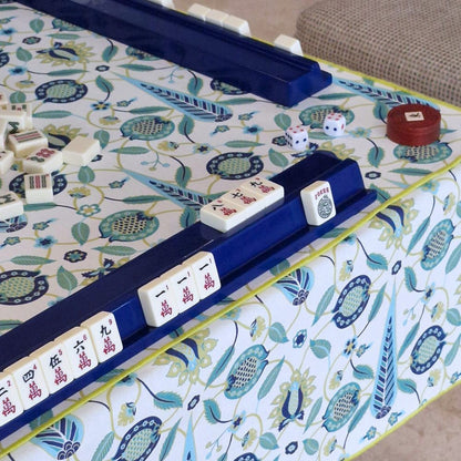 Mahjong mat with teal floral pattern and dark blue border rails, square layout