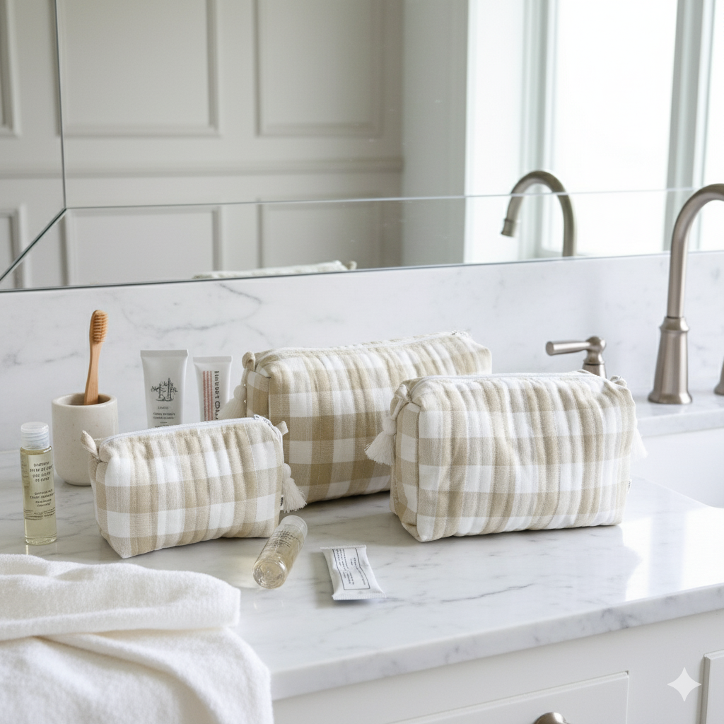 Quilted Pouches - Beige Gingham Checks