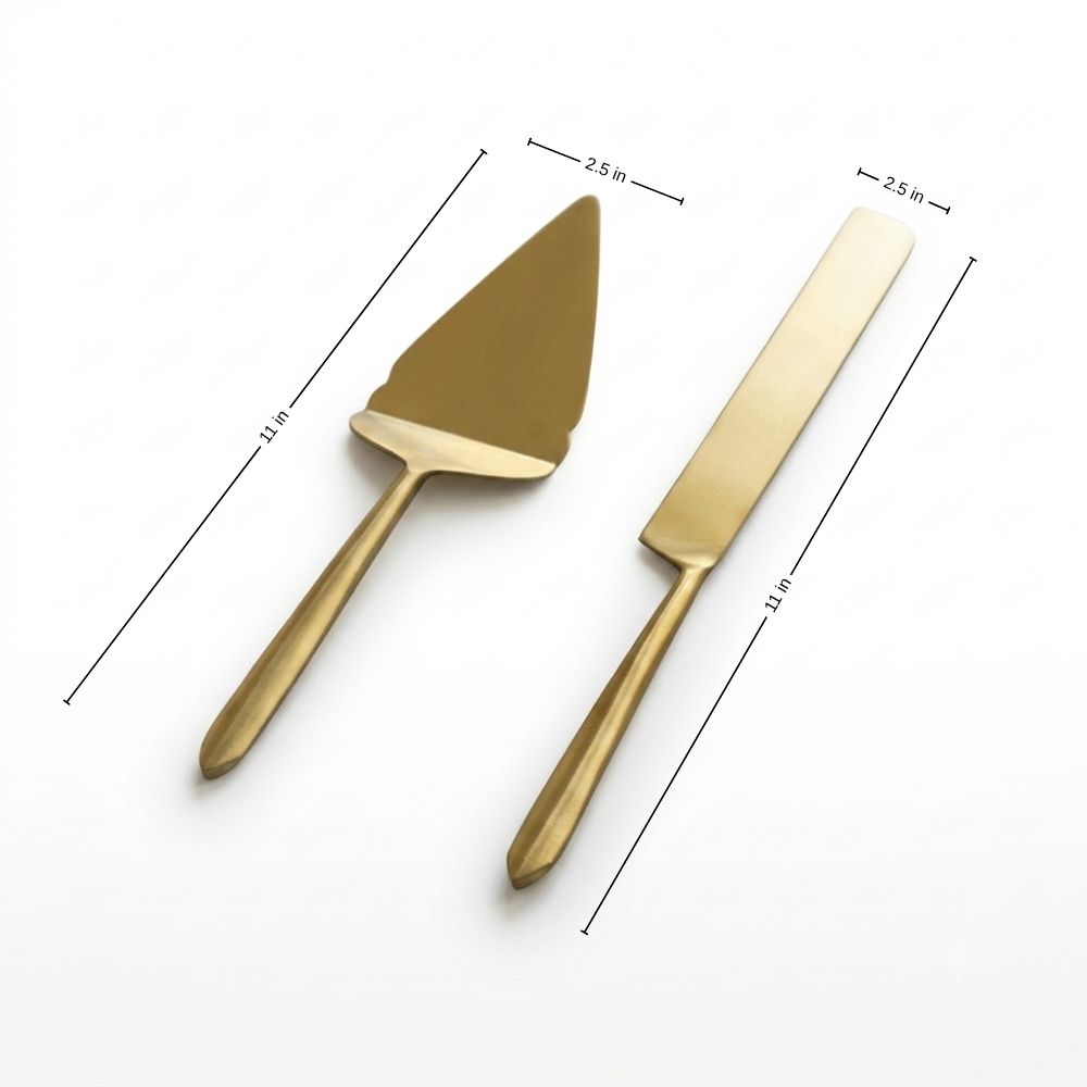 Matte gold pie cutter and server set of 2, shown with measurements.