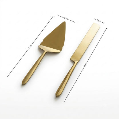 Matte gold pie cutter and server set of 2, shown with measurements.